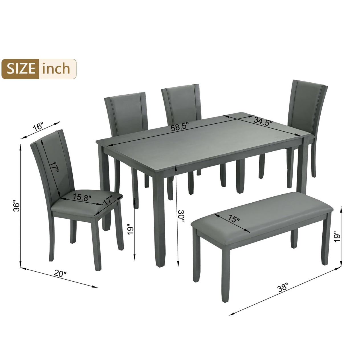 Trygoal Dining Table Set for 6, Farmhouse 6 Piece Dining Room Table Set with Rectangular Table, 4 Upholstered Backrest Chairs and Bench, Counter Height Kitchen Sets with Warm Woodgrain Finish, Gray Trygoal