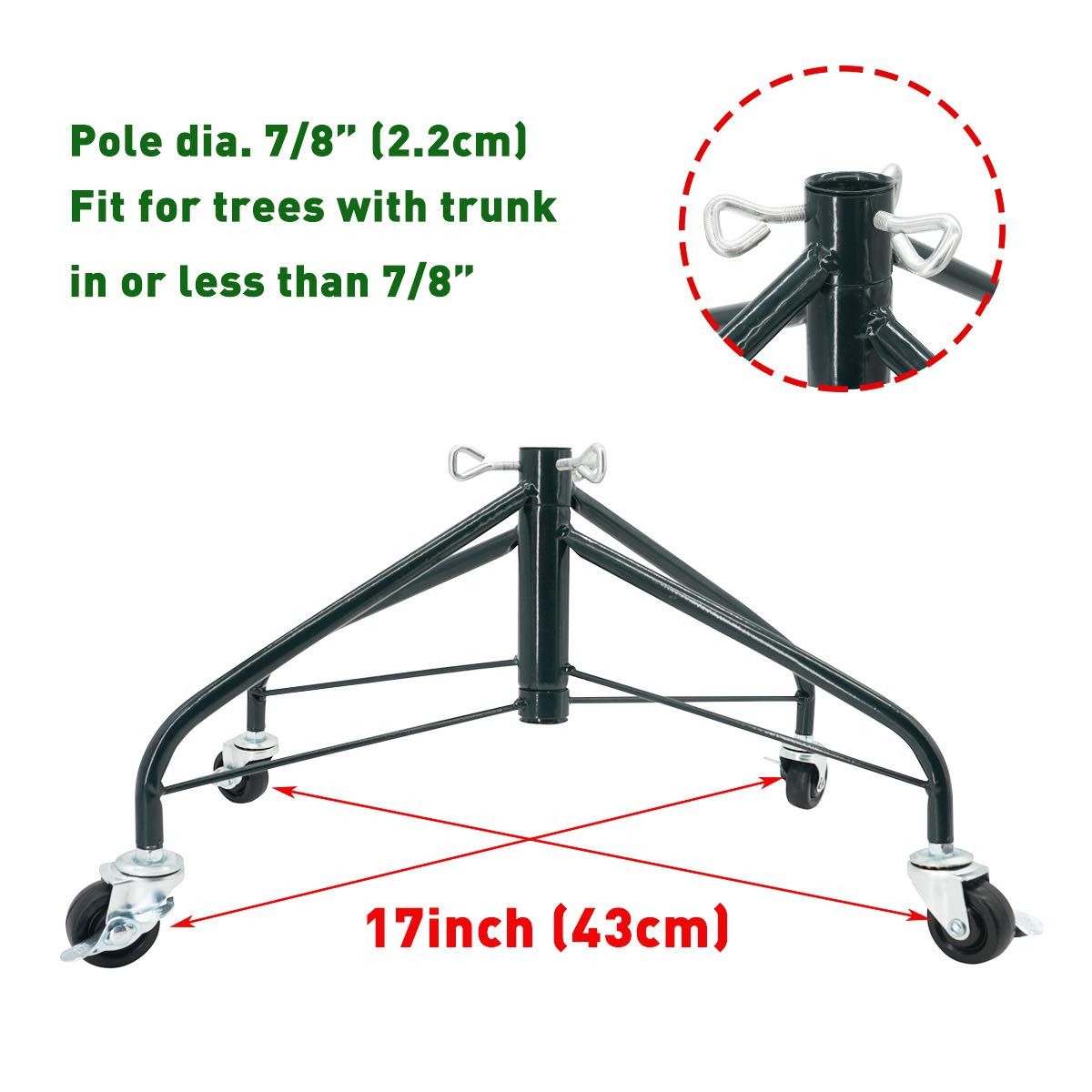 ELFJOY Christmas Tree Stand with Swivel Caster Wheels for 3-7ft. Artificial Tree Base 17inch, Christmas tree iron stand, 7/8inch inner diameter, Movable Tree Base, Green Tree Stand (Green)