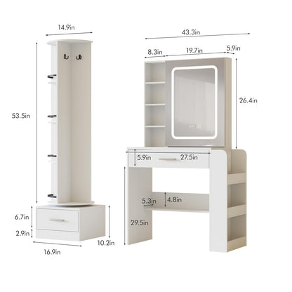 White Vanity Desk with Full Length Mirror and Lights Mirror Makeup Vanity Table with 2 Large Storage Drawers Dressing Table for Bedroom with Power Outlet,Charging Station,Hooks Hidden,Shelves,White