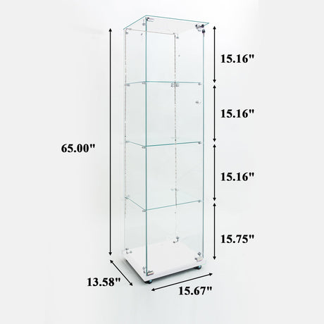 nifoti 4-Shelf Glass Display Cabinet with LED Lights Strip and Lock, Curio Cabinets Display Case with Casters and 1 Door, Tempered Glass Display Showcase for Living Room,Exhibition Hall - White nifoti