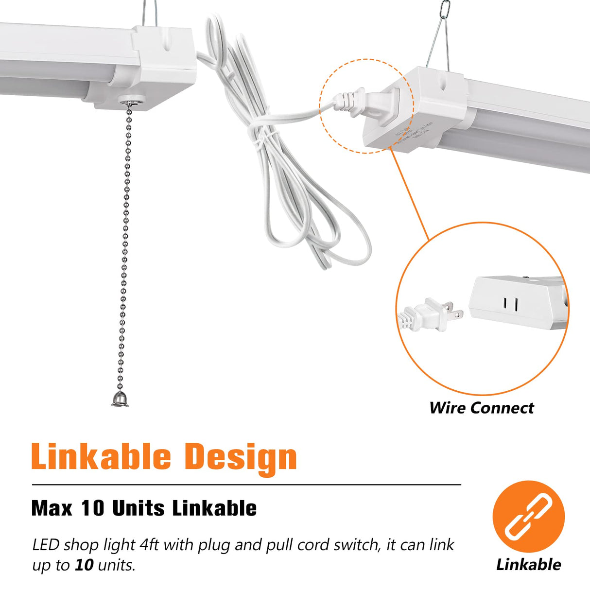 OOOLED 4FT Linkable LED Shop Light for Garages, 42W 4800LM 5000K Daylight White LED Shop Lights, LED Ceiling Light, with Pull Chain (ON/Off), Linear Worklight Fixture with Plug, 4 Pack OOOLED
