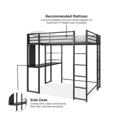 DHP Abode Space-Saving Twin Metal Loft Bed with Desk and Shelves - Black