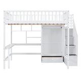 Merax Full Loft Beds Stairway Loft Bed Frame with Wardrobe, Desk, Bookshelf and Drawers, White Merax