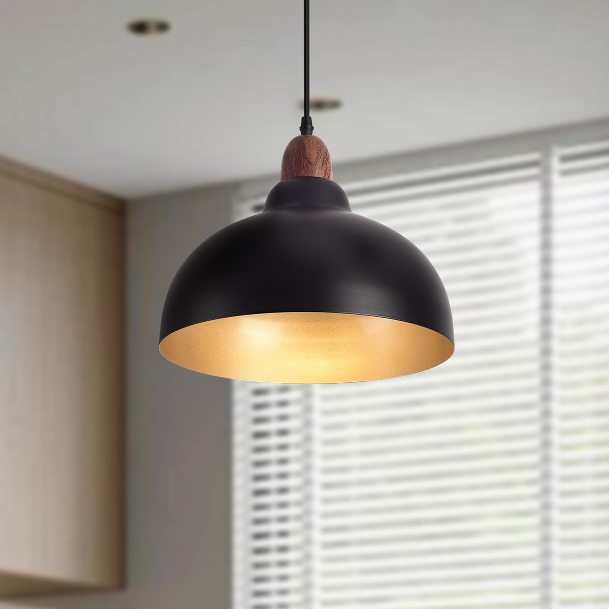 Set of 2 Pcs 11.8" Black Dome Pendant Light, Farmhouse Modern Black and Wood Hanging Pendant Lights Kitchen Island, Vintage Pendant Light Large Dome Chandelier for Kitchen Island, Dining Room Ziqqeelam