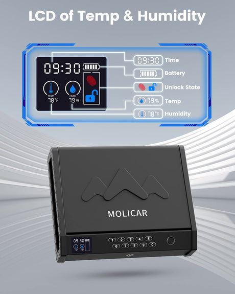 MOLICAR Gun Safe, Biometric Gun Safes for Handgun with LCD of Temp Humidity Battery, USB-C Port, Fingerprint Quick Access Pistol Safe for 2 Guns, Handgun Safe for Home Bedside Nightstand Car MOLICAR