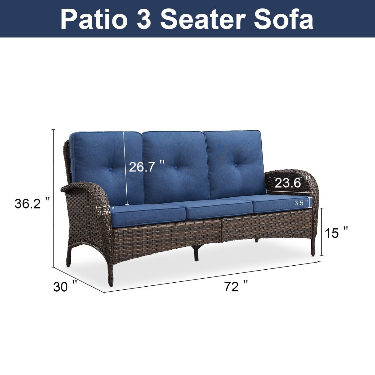 Belord Outdoor Patio Furniture - Wicker Sofa with Removable Cushion, 3 Seater Rattan Couch with Deep Seat, High Backrest, All-Weather for Balcony, Deck, Backyard, Brown/Blue Belord