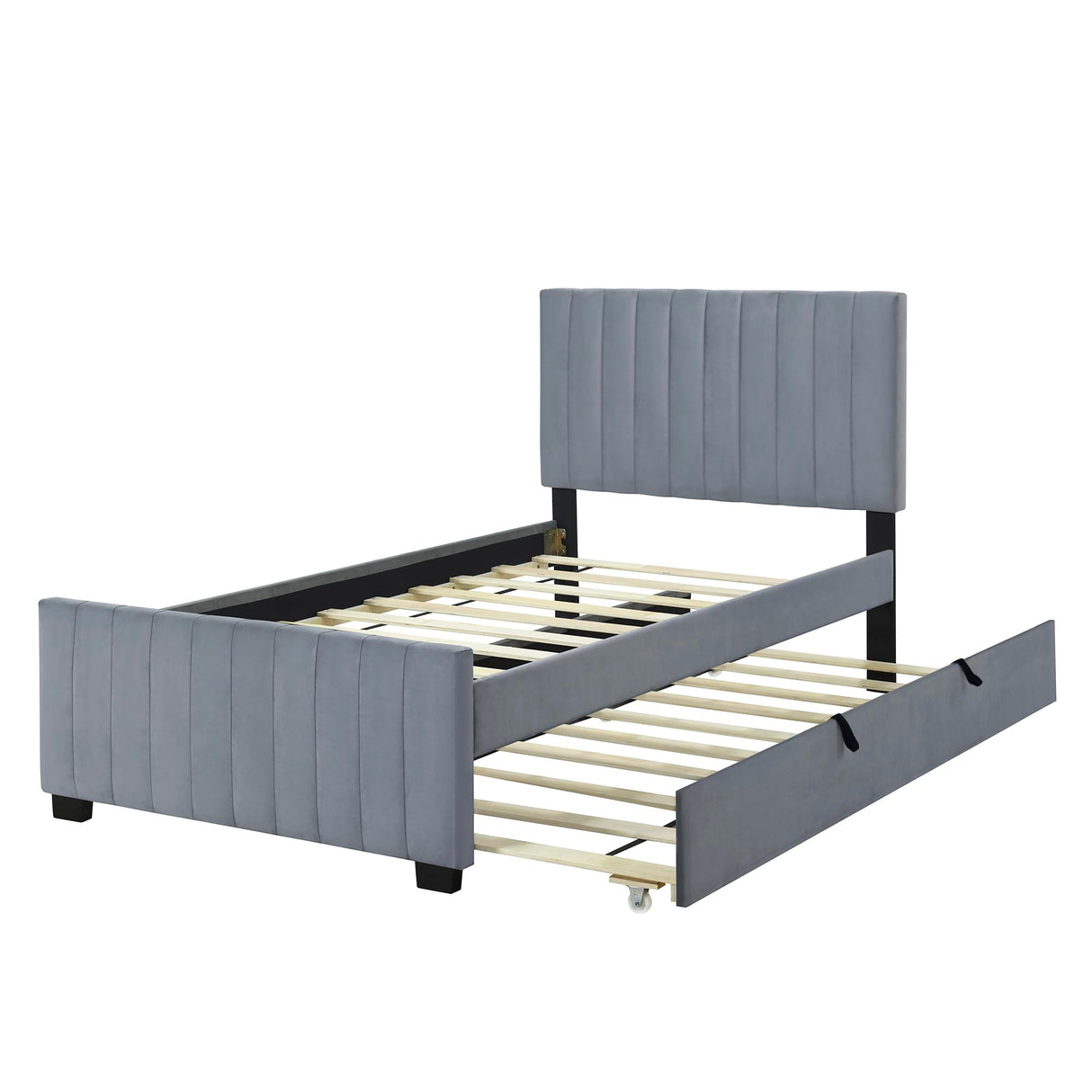 Twin Bed Frame with Trundle Bed,Velvet Upholstered Bed Frame,Twin Size Trundle Bed with Headboard,Upholstered Platform Bed Twin for Kids Teens Adults(Gray) Bellemave