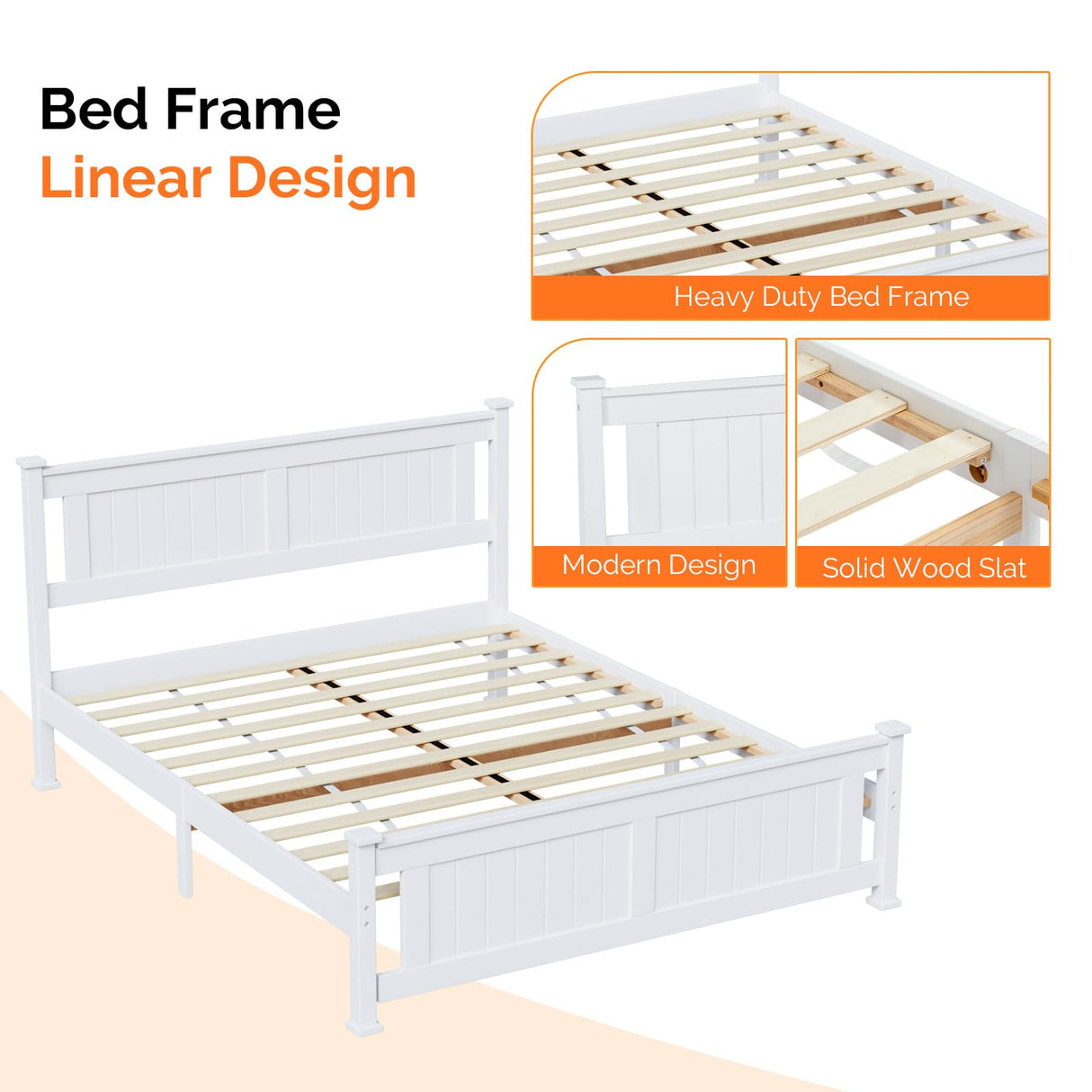VINGLI Queen White Wood Bed Frame with Storage Drawers and Headboard VINGLI