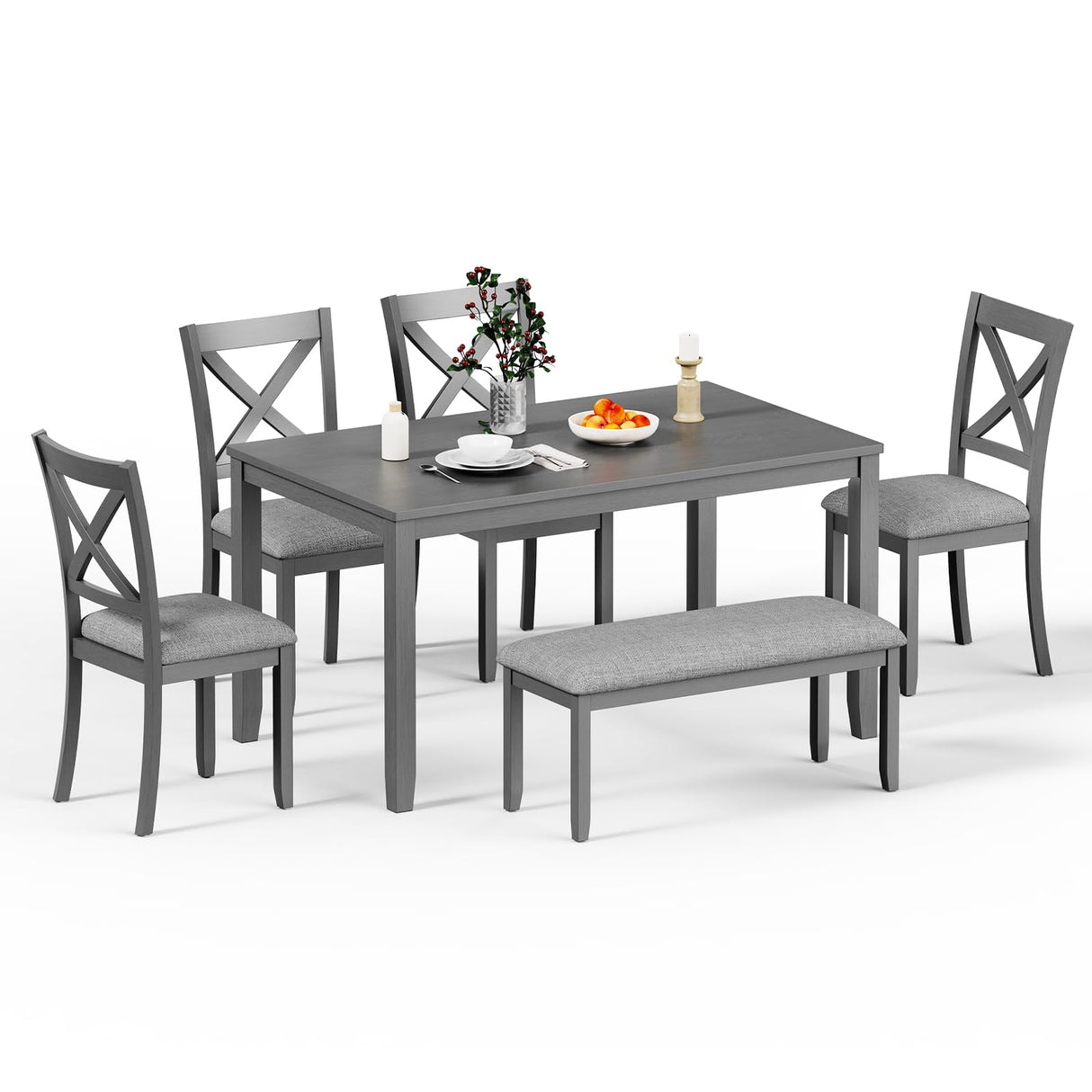 Zevemomo 6-Piece Wooden Dining Table Set, Dining Table Set for 6, Including 1 Dining Table, 4 Upholstered Chairs and 1 Bench, Wooden Legs Dining Table, Table Set for Dining Room, Grey Zevemomo