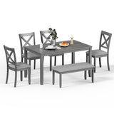 Zevemomo 6-Piece Wooden Dining Table Set, Dining Table Set for 6, Including 1 Dining Table, 4 Upholstered Chairs and 1 Bench, Wooden Legs Dining Table, Table Set for Dining Room, Grey Zevemomo