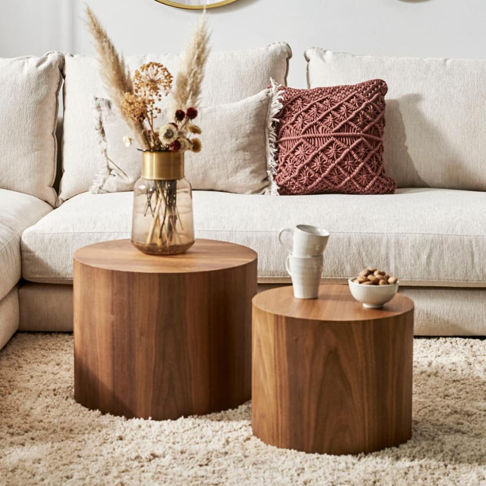 WILLIAMSPACE Nesting Coffee Table Set of 2, Walnut Round Wooden Coffee Tables Modern Circle Table for Small Space Living Room Bedroom Accent End Side Table (Walnut-Round) - WoodArtSupply