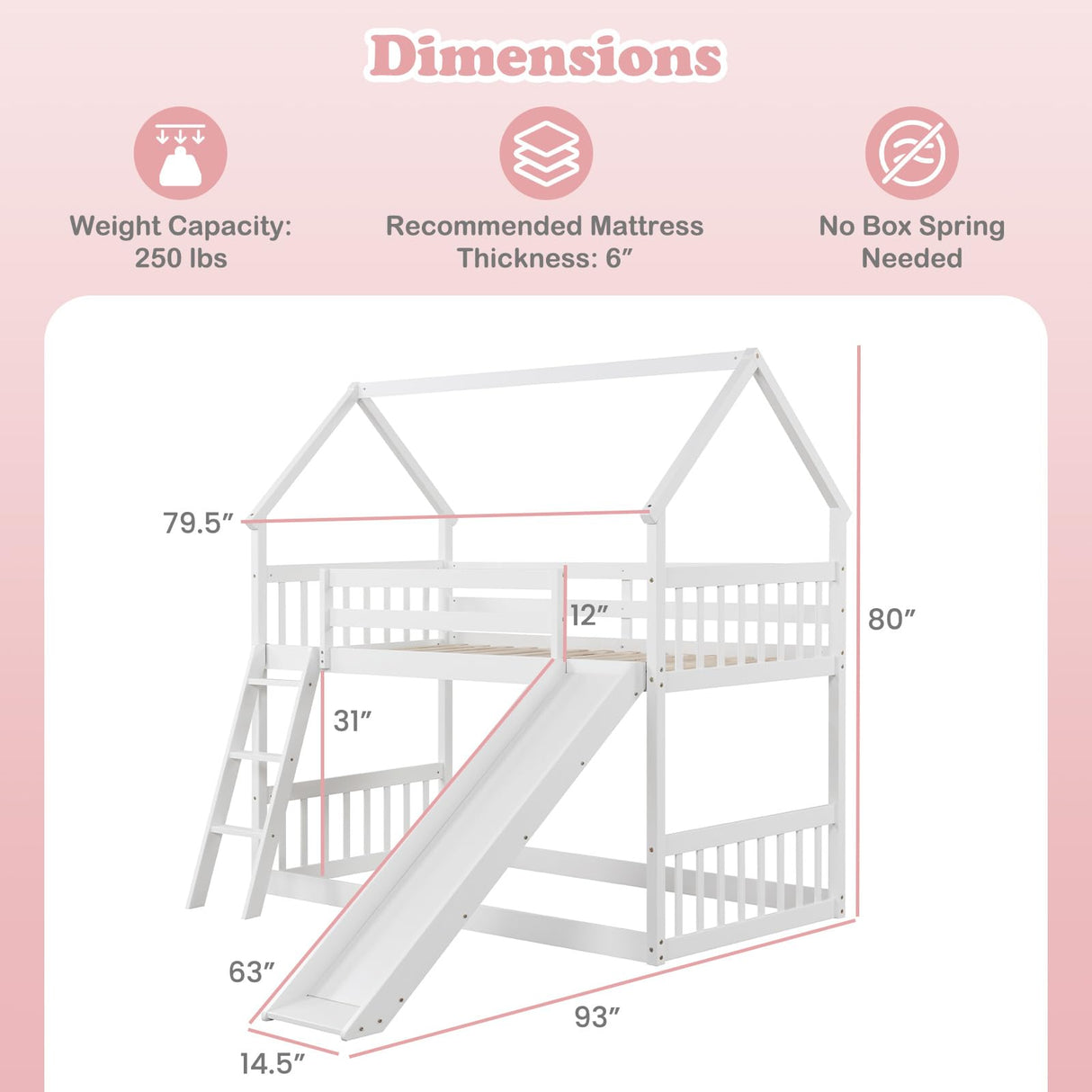 Giantex Wood Kids Bunk Bed with Slide & Ladder, Twin Over Twin House Bed with Full-Length Guardrails, Montessori Floor Bunk Bed Frame for Kids Teens Girls Boys, No Box Spring Needed, White Giantex