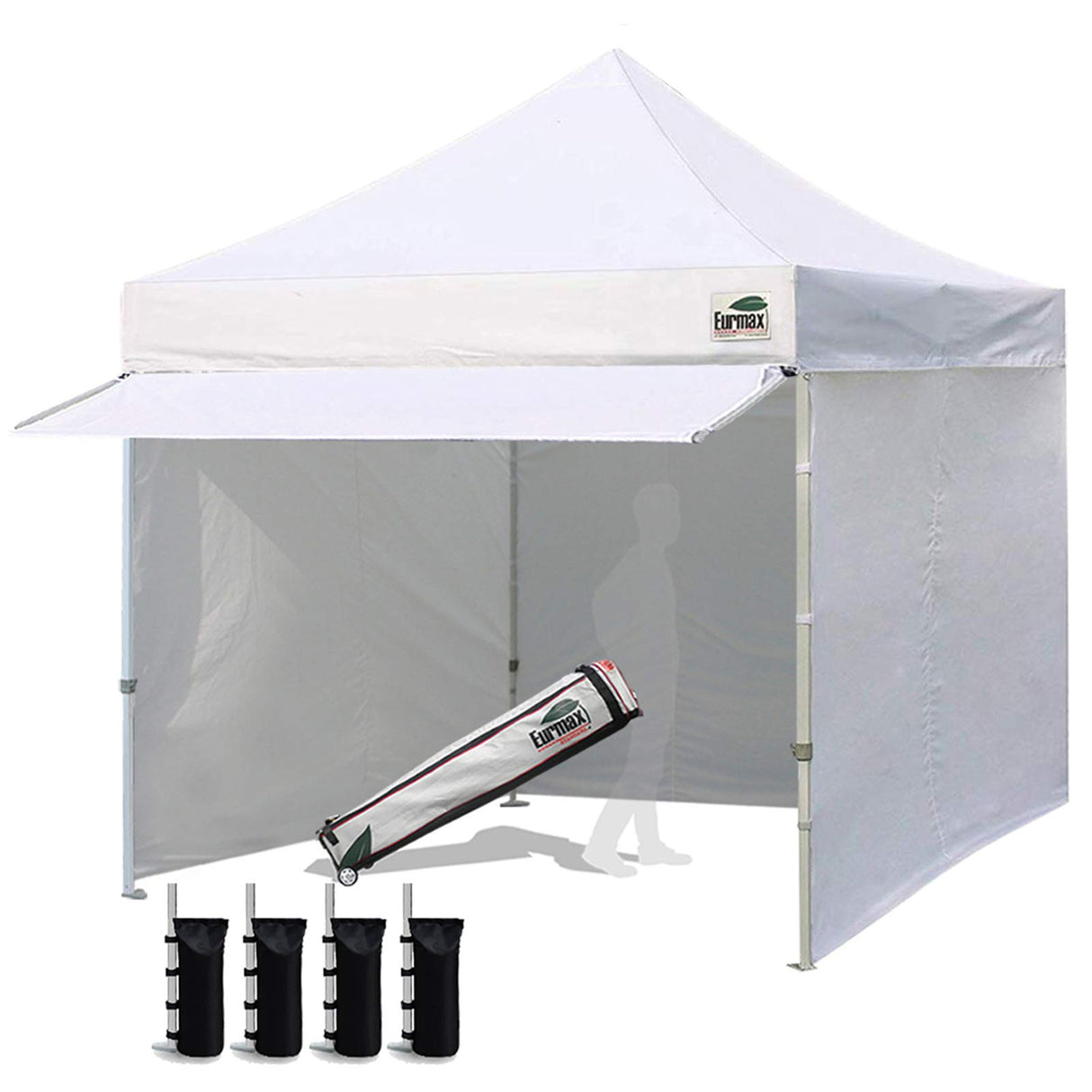Eurmax USA 10 x 10 Pop up Canopy Commercial Tent Outdoor Party Canopies with 4 Removable Zippered Sidewalls and Roller Bag Bonus 4 Canopy Sand Bags & 24 Squre Ft Extended Awning(White) Eurmax