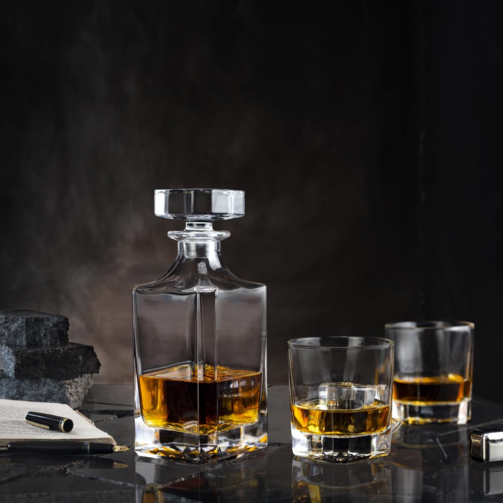 Square 25Oz Whiskey Liquor Decanter Set With 2 Glasses in Box,Decanter Set for Scotch Liquor,Whiskey Wine Decanter Suit for Men and Women Father Coworkers Lovers QUEEN&STONE LEAD FREE