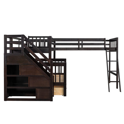 Espresso L Shaped Triple Bunk Bed with Stairs & Storage for Kids, Teens, and Adults - Twin Over Full Design - WoodArtSupply