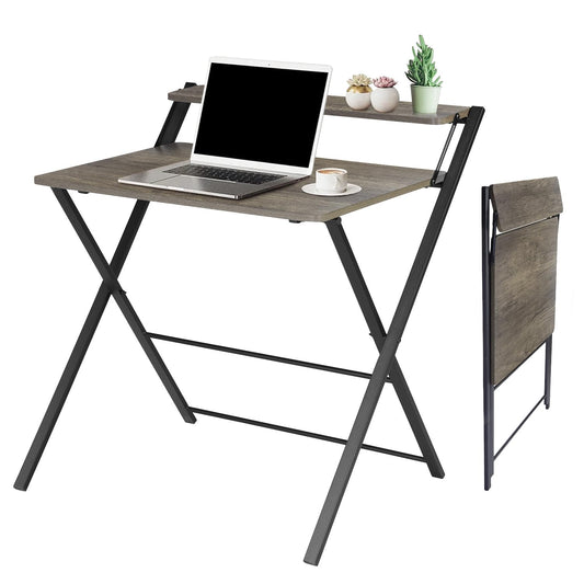 Folding Desk, 31.9 Inch Foldable Writing Table 2 Tier, Computer Desk for Home Office Study, Metal Frames/Wood Table Top, Space Saving, No Assembly Required, Brown - WoodArtSupply