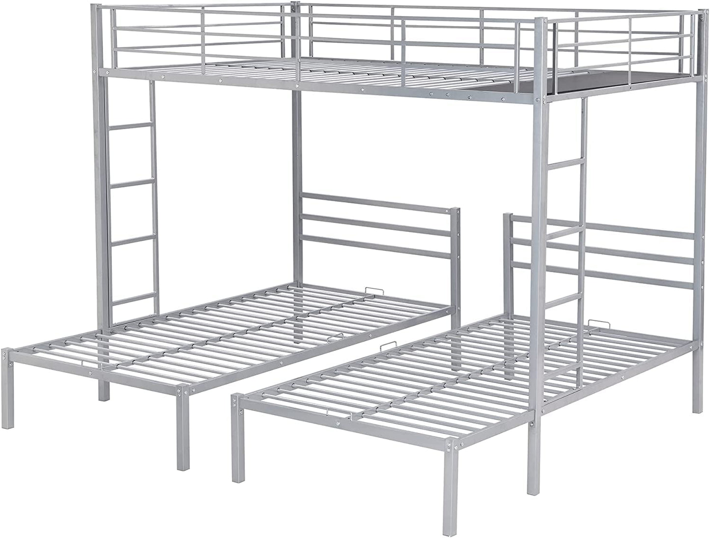 Harper & Bright Designs Metal Triple Bunk Beds Full Over Twin & Twin Bunk Bed with Upper Built-in Shelf, 3 Bed Bunk Beds with 2 Ladders for Kids, Teens, Adults, Silver