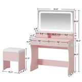 LIKIMIO Makeup Vanity Desk with Mirror and Lights, Pink Makeup Vanity Table Set with Stool Drawers, Power Socket, Dressing Table with 3 Lighting Colors, Vanities for Bedrooms LIKIMIO