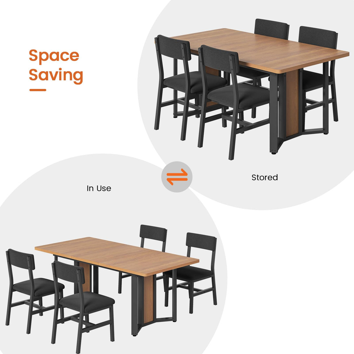 Itaar 5-Piece Dining Table Set for 4-6 People, 63" Extendable Kitchen Table and 4 Cushion Chairs, Dining Room Table with MDF Board & Metal Frame for Small Space, Easy Clean, Brown Itaar