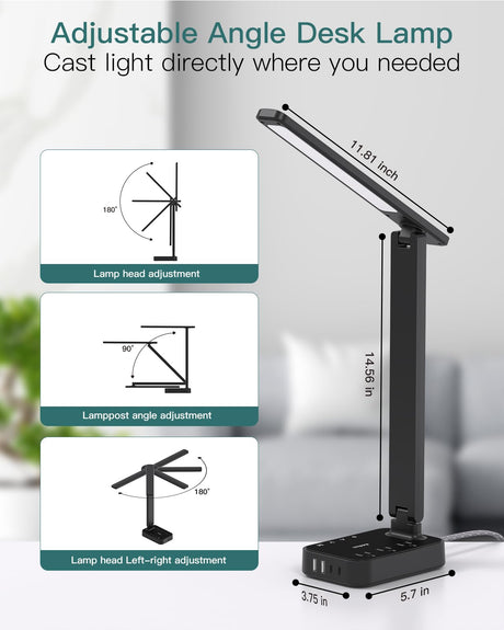 Addtam LED Desk Lamp, Power Strip with 3 Outlets 4 USB Charging Ports(2 USBC), 4 Modes 5 Level Brightness Touch Lamp, Small Desk Lamp for Home Office College Dorm Room Essentials Addtam