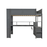 LUMISOL Full Size Wood Gaming Loft Bed with Desk, Drawer, Storage Shelves, LED Lights & USB Ports, Wooden Loft Bed Frame with for Kids, Teens, Boys, Bedroom, Noise Free, Grey LUMISOL