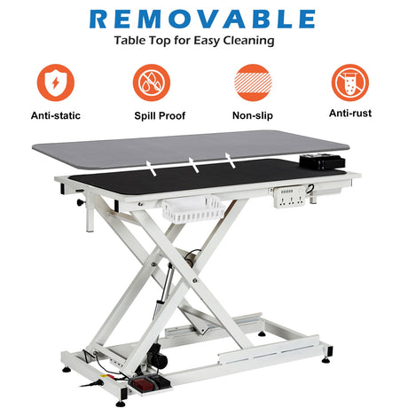 50'' Electric Dog Grooming Table, Heavy Duty, Height Adjustable Pet Grooming Table with Socket w/Leveling Wheels, Grooming Arm, Anti Slip Tabletop & Tool Organizer, for All Pets White Towallmark