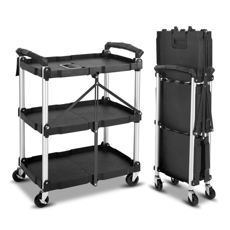 UNICOO® Heavy Duty 3-Tier Collapsible Rolling Cart, Folding Utility Cart, 550lbs Capacity, Lockable & Silent Wheels, Compact & Foldable, Easy Clean & Storage for Restaurant, Office, Garage (Black) UNICOO