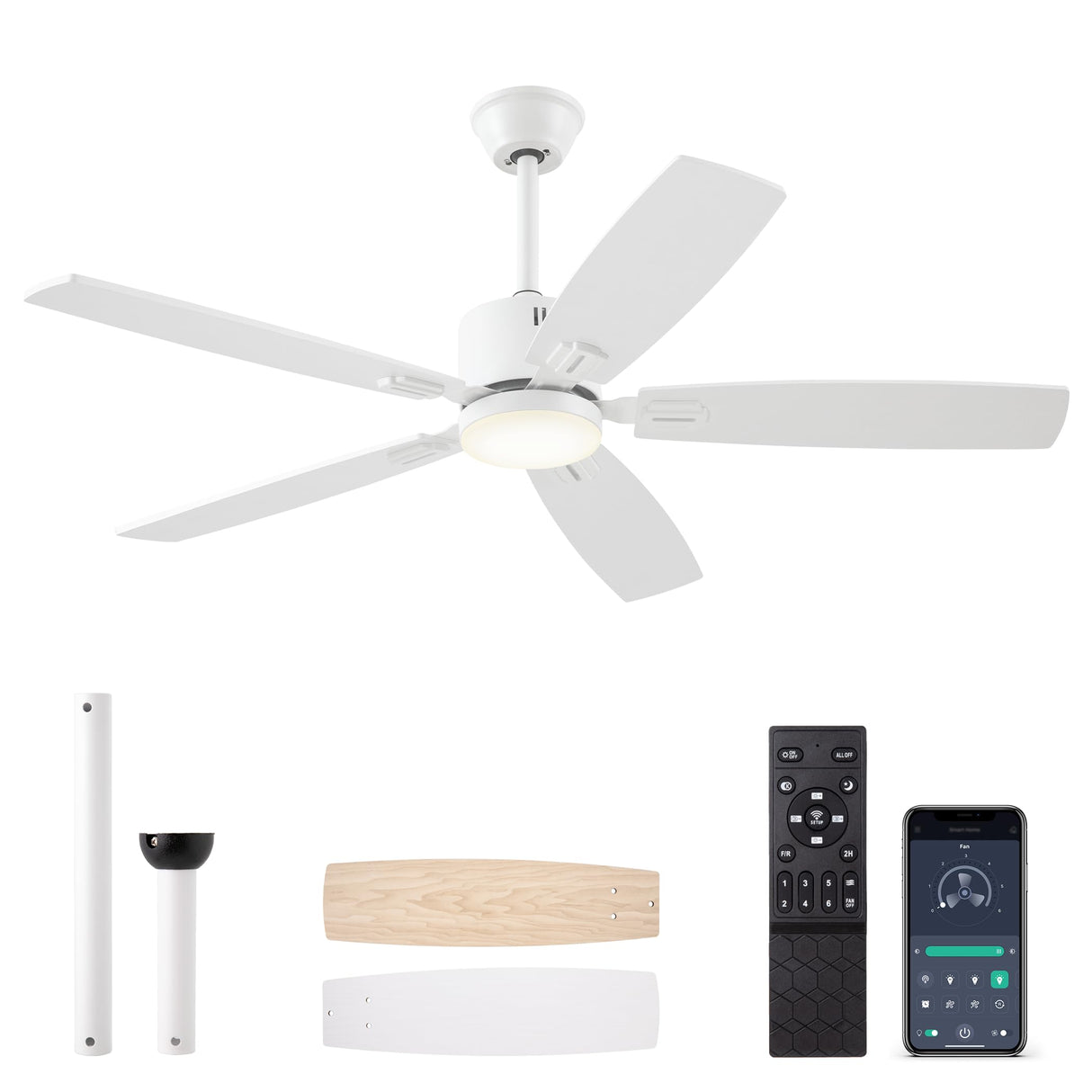 SUNMORY 52" Ceiling Fans with Lights, Smart Ceiling Fan with APP and Remote Control, Reversible DC Motor, Noiseless, Stepless Dimmable, Modern Ceiling Fan for Indoor/Outdoor Use, White SUNMORY
