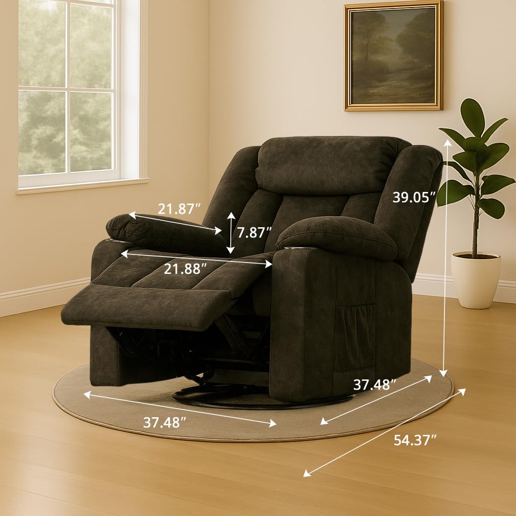 COMHOMA Recliner Chair,360°Swivel Rocker Recliners with Cup Holders&Side Pockets,Manual Reclining Single Sofa,Fabric Upholstered Lounge Chairs for Living Room,Black COMHOMA