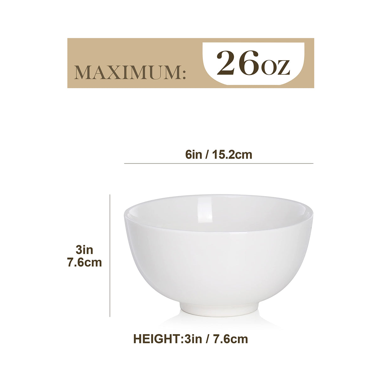 MALACASA 26 oz Porcelain Soup Bowls, 6" Cereal Bowls - White Bowls Set of 4 for Soup, Cereal, Oatmeal, Fruit, Rice - Dishwasher & Microwave Safe, Series Regular MALACASA