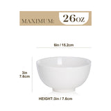 MALACASA 26 oz Porcelain Soup Bowls, 6" Cereal Bowls - White Bowls Set of 4 for Soup, Cereal, Oatmeal, Fruit, Rice - Dishwasher & Microwave Safe, Series Regular MALACASA