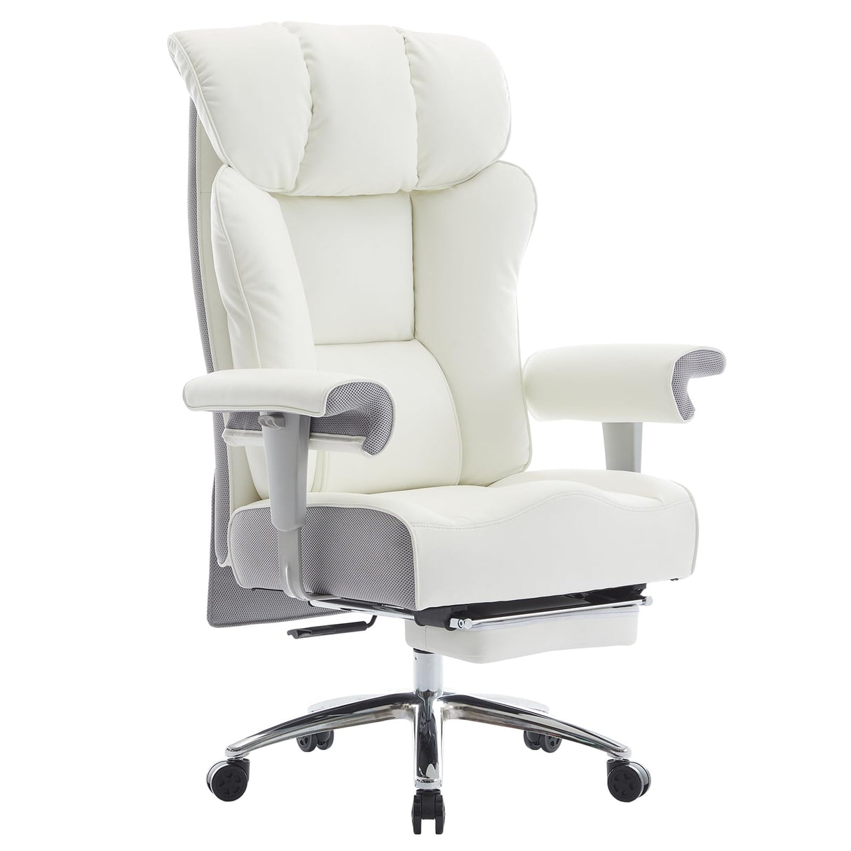 Efomao Big and Tall Office Chair 450lbs, Ergonomic Office Chair, Executive Office Chair for Heavy People, Computer Chair with Foot Rest, High Back Office Chair, PU Leather White Office Chair Efomao