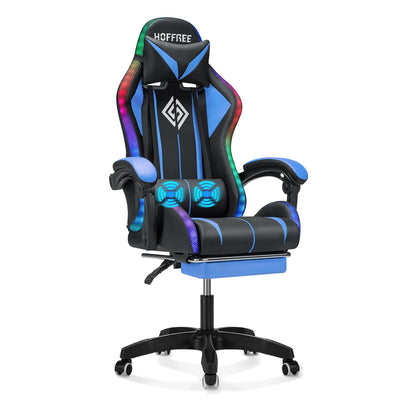 Gaming Chair Massage with LED Lights and Ergonomic Computer Gaming Chair with Footrest High Back Video Game Chairs with Adjustable Lumbar Support Blue and Black