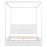 Queen Size Canopy Bed with LED Light, Solid Wood Canopy Platform Bed with Support Slats, Mattress Foundation Bed Platform, No Box Spring Needed, White RuiSiSi