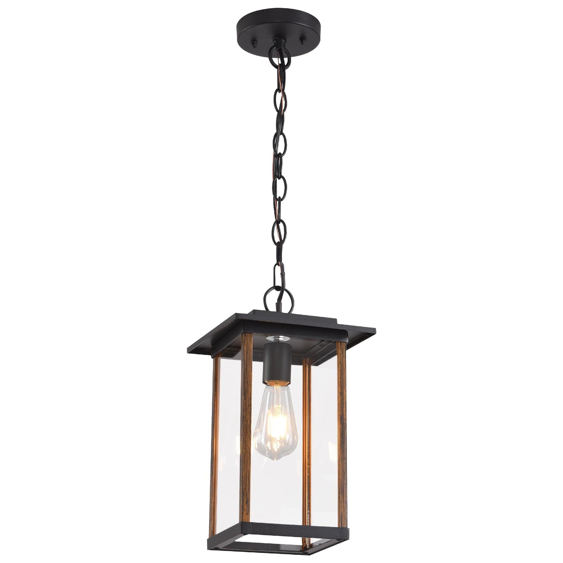 Smeike Large Outdoor Pendant Light, 14.6”H Black Exterior Hanging Lantern Wood Finish, Height Adjustable Outside Chandelier with Clear Glass for Porch, Farmhouse, House - WoodArtSupply