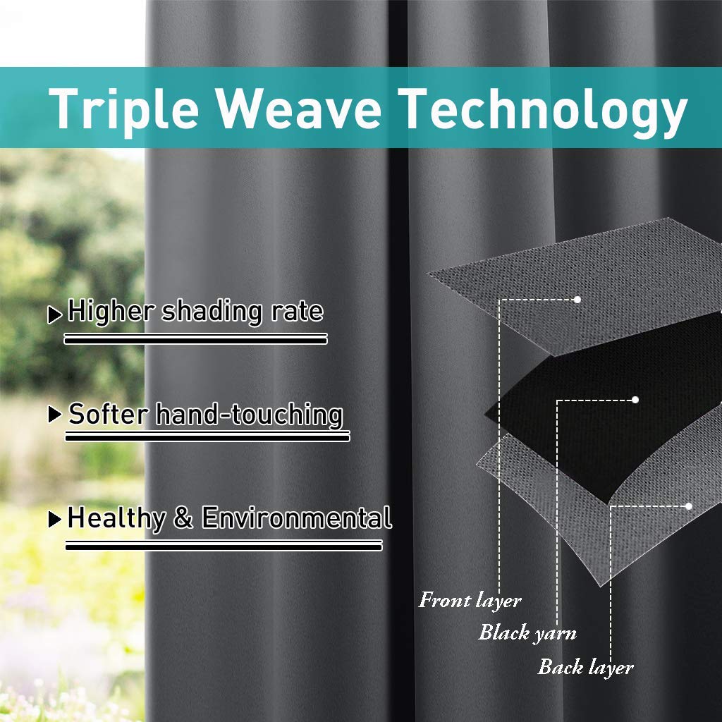 NICETOWN 2 Panels Patio Curtains Outdoor Waterproof 84 Long, Detachable Sticky Tab Top Heavy Weight Blackout Sunblock Window Treatment, Keep Privacy for Gazebo/Dock, W52 x L84, Grey NICETOWN