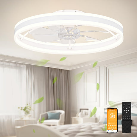 VOLISUN Low Profile Ceiling Fans with Lights and Remote, 23.6in Flush Mount Ceiling Fans with Light, 3000K-6500K Dimmable Fandelier LED Fan Light, White Bladeless Ceiling Fans with Lights for Bedroom VOLISUN