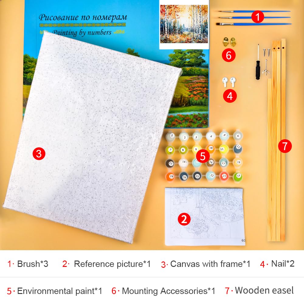 Paint by Numbers Birch Forest in Autumn Season DIY Paint by Numbers Kit for Adults and Kids DIY Canvas Painting by Numbers Watercolor Oil Painting Acrylic Painting Arts and Craft Framed 16x20 Inch TUMOVO