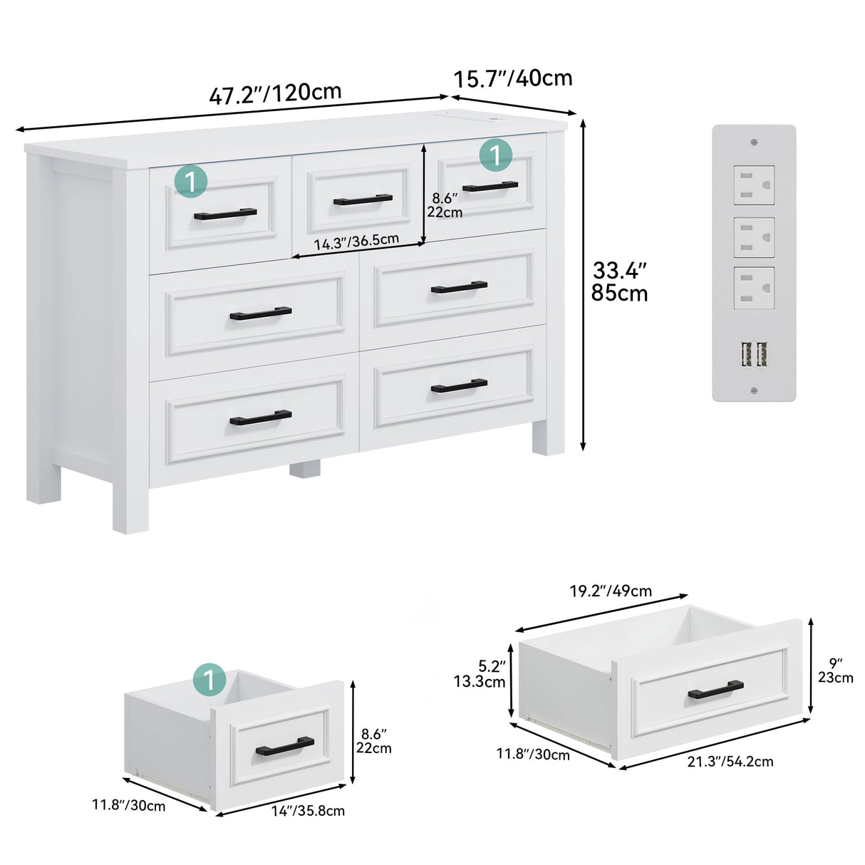 YITAHOME 7 Drawer Dresser with Built-in Power Outlet, Wood Dresser TV Stand with Large Drawers and Bar Handles, White Chest of Drawers for Living Room, Entryway YITAHOME