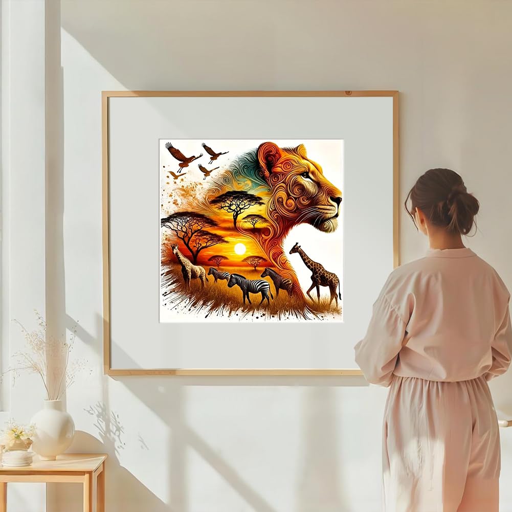 DIADAY Lion Diamond Art Kits for Adults, 5D DIY African Lion Animal Diamond Painting Kits for Beginners, Full Drill Sunset Wildlife Diamond Art, Home Wall Decor Gift, 12x12 Inch DIADAY