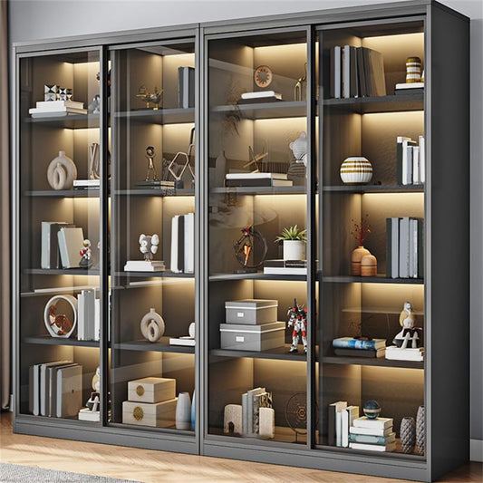 KWOKING Grey Modern Wooden Bookshelf with Sliding Glass Doors and Ample Storage Space - WoodArtSupply