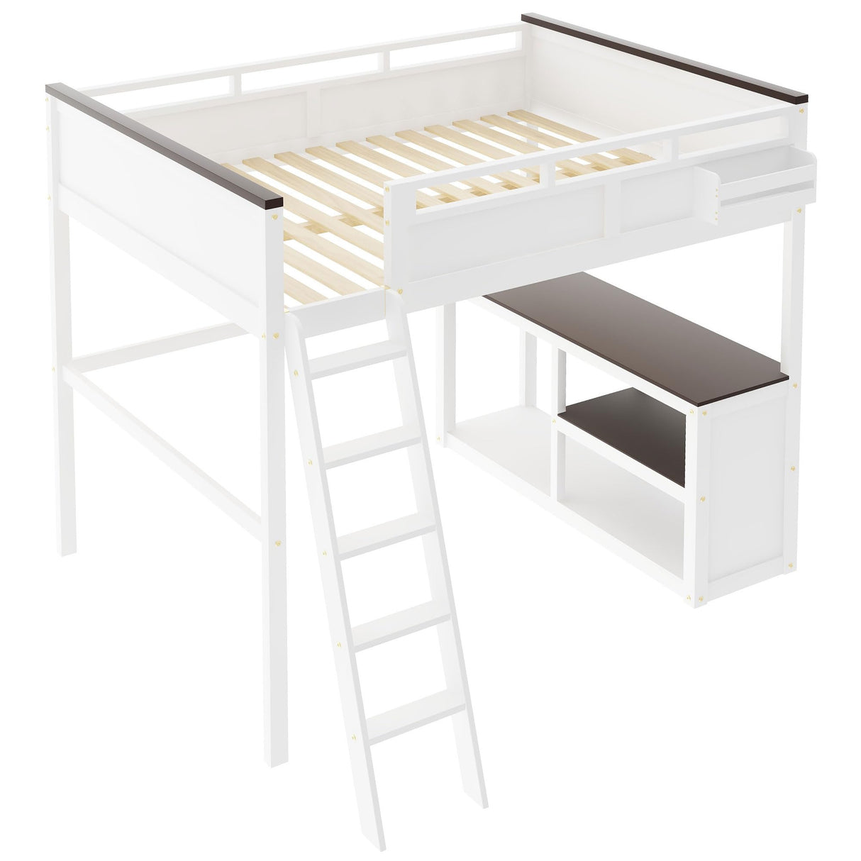 Loft Bed Queen Size, Queen Loft Bed with Desk, Open Shelf and A Storage Box for Teens, Adults & Small Bedrooms, White Bellemave