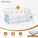 JOYMOR Low Loft Bed with LED Lights, Twin Loft Bed with Stairs, Safety Guardrail, Curtain, Wooden Bed Frame for Kids with Storage Bookcase and Under-Bed Play Space (White) JOYMOR