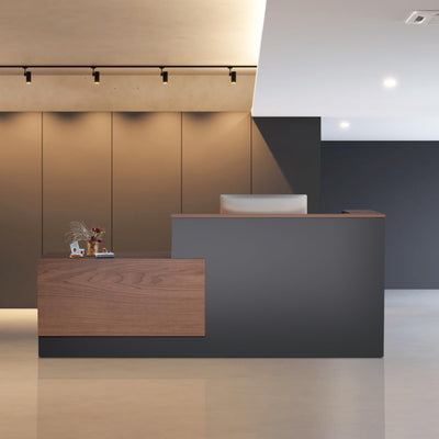 Easilywinlife 86.6IN Modern Wooden Commercial L Shaped Reception Desk with Counter, Lockable Drawers, Door Cabinet, Front Desk for Checkout, Lobby, Beauty Salon, Walnut, Right Cabinet