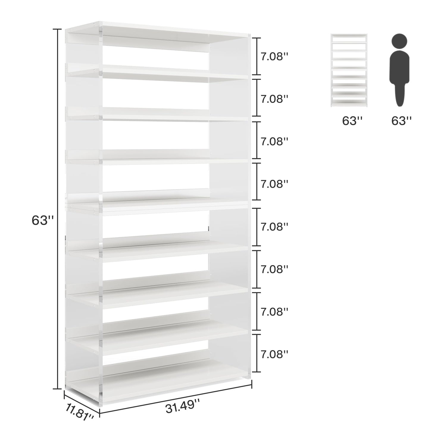 Tribesigns 8-Tier Acrylic Shoe Rack, Modern Shoe Storage with Wood Shelves, 63" Shoe Organizer Display Shelf for 24-32 Pairs, Space-Saving, White & Transparent (1) - WoodArtSupply