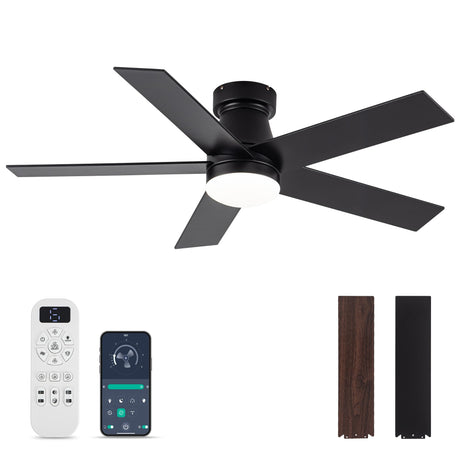 OURSTAR Ceiling Fans with Lights and Remote Control, Black Low Profile Ceiling Fan with Light 3-Color LED Dimmable, Memory for Lighting and Fan Reversible, 6-Speed, Timer, Indoor/Outdoor Use, 47 Inch OURSTAR