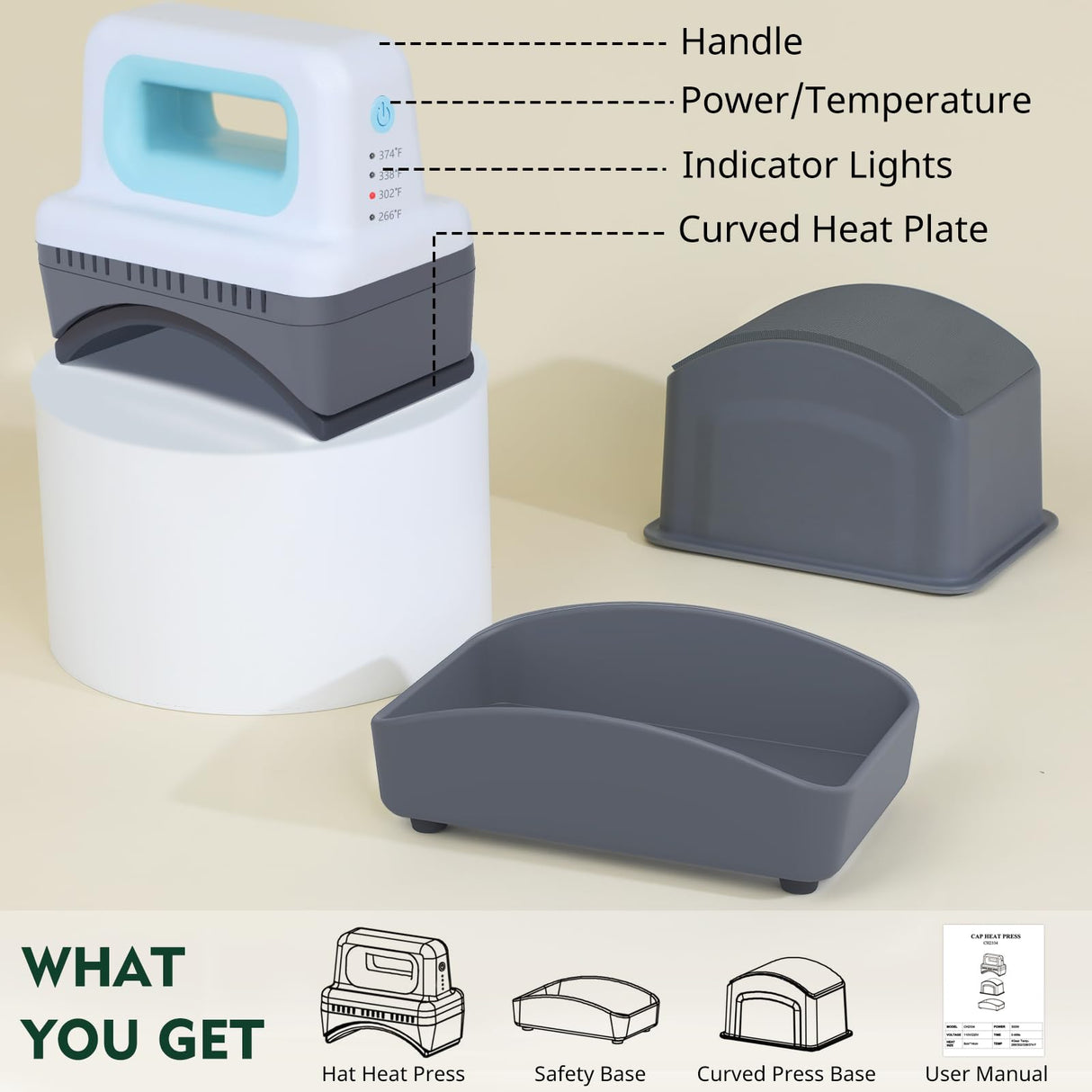 Gimify Hat Press Machine, 4 Heating Levels Mini Heat Press with 3.1"x5.5" Ceramic-Coated Heat Plate, Curved with Safety Base & Auto-Off, Portable Blue Gimify