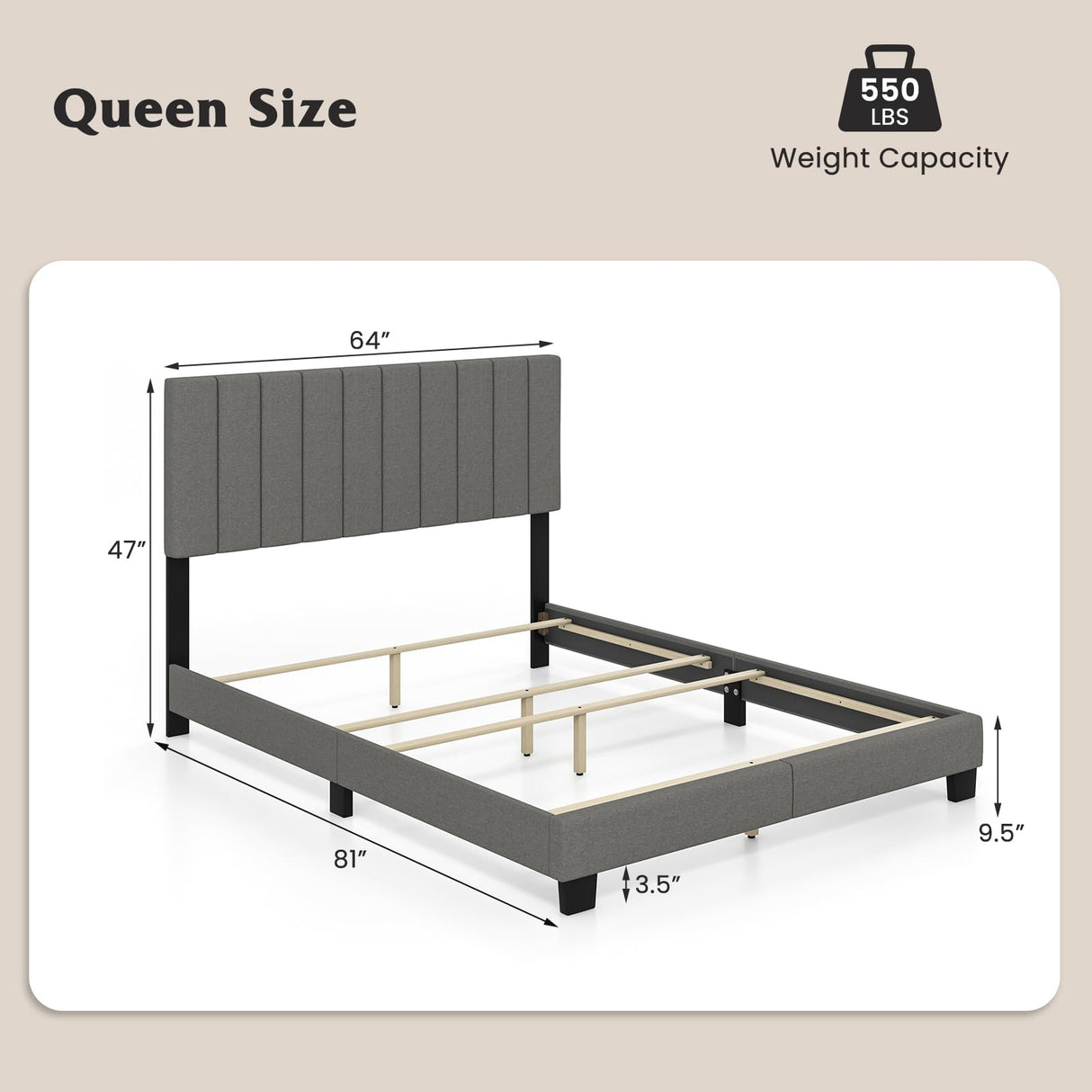 Giantex Modern Upholstered Queen Size Bed Frame with Linen Headboard and Solid Wood Legs Giantex