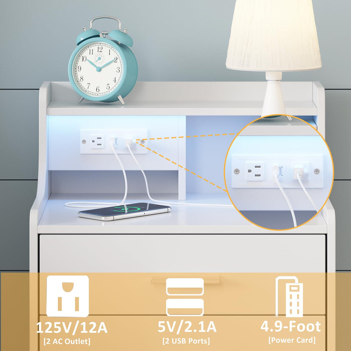 Vabches Nightstand with Charging Station, LED Nightstand with 3 Drawers, Smart Night Stand Bed Side Table, Wood Nightstand for Bedroom Living Room Vabches