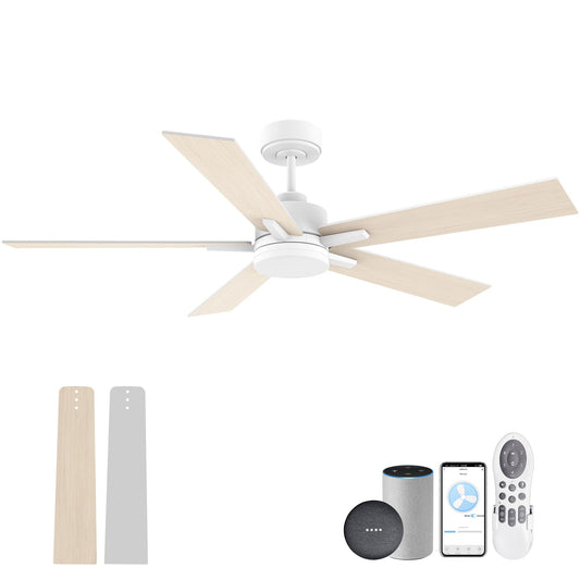 Lorpies 52” Smart Ceiling Fan with Lights Remote,Voice Control via Alexa Google WIFI App,Ultra Quiet DC Motor,Outdoor Indoor Modern Ceiling Fans,6-Speed for Bedroom Patio Porch,White and Wood - WoodArtSupply